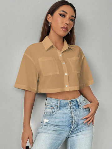 Essnce Women's Solid Color Short Sleeve Cropped Pocket Loose Casual Blouse