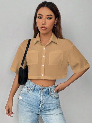 Essnce Women's Solid Color Short Sleeve Cropped Pocket Loose Casual Blouse