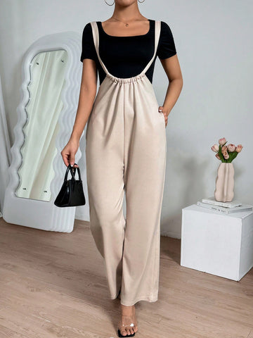 Women's Solid Color Short Sleeve T-Shirt And Overall Pants Set