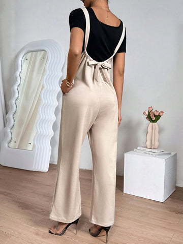 Women's Solid Color Short Sleeve T-Shirt And Overall Pants Set