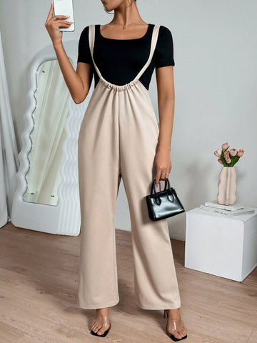 Women's Solid Color Short Sleeve T-Shirt And Overall Pants Set