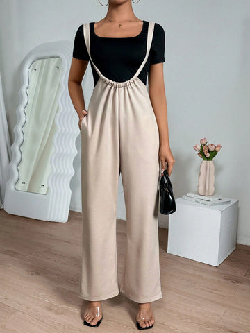 Women's Solid Color Short Sleeve T-Shirt And Overall Pants Set