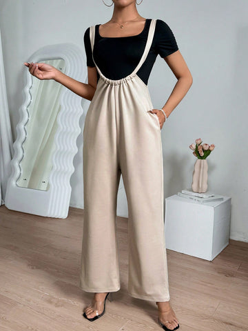 Women's Solid Color Short Sleeve T-Shirt And Overall Pants Set
