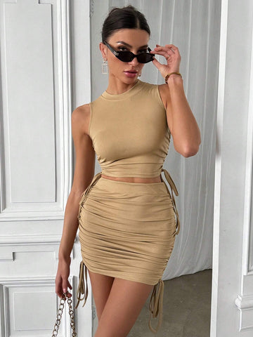 Women's Solid Color Side Drawstring Round Neck Vest And Pleated Skirt 2pcs Set