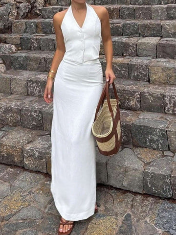 Women's Solid Color Simple Daily Wear Top And Skirt Set