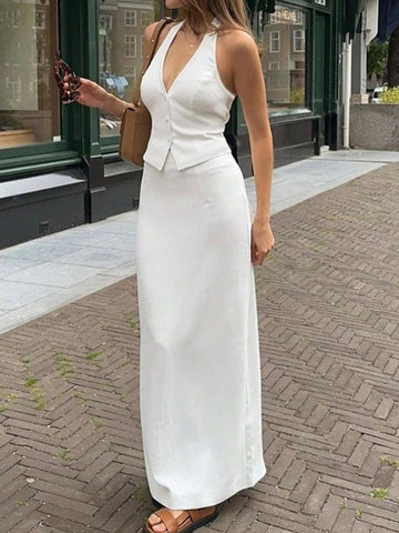 Women's Solid Color Simple Daily Wear Top And Skirt Set