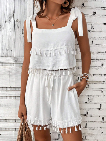 Women's Solid Color Sleeveless Top With Tassel Tie And Pocketed Knotted Fringed Shorts Two-Piece Set, Summer