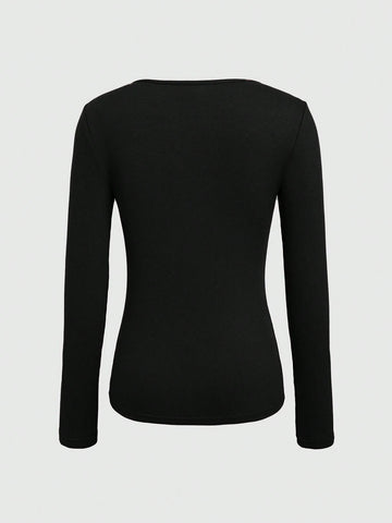 Women's Solid Color Slim Fit Long Sleeve Ribbed T-shirt