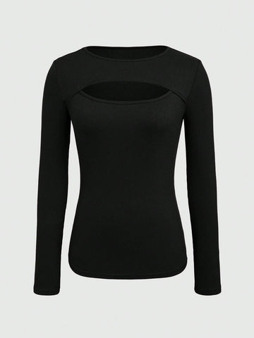 Women's Solid Color Slim Fit Long Sleeve Ribbed T-shirt