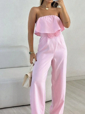 Women's Solid Color Strapless Embroidery Jumpsuit