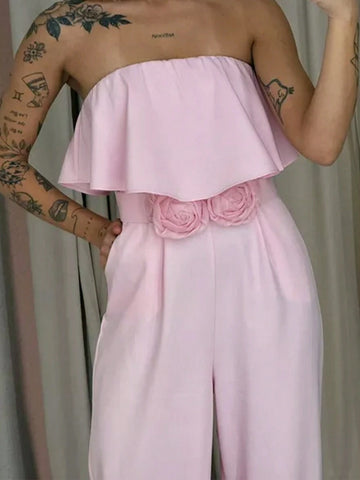 Women's Solid Color Strapless Embroidery Jumpsuit