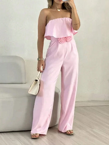 Women's Solid Color Strapless Embroidery Jumpsuit