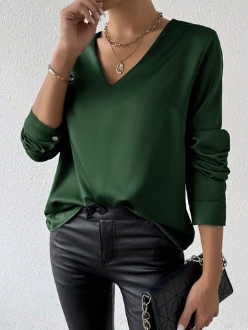 Essnce Women's Solid Color V-Neck Long Sleeve Elegant Shirt, Spring/Summer