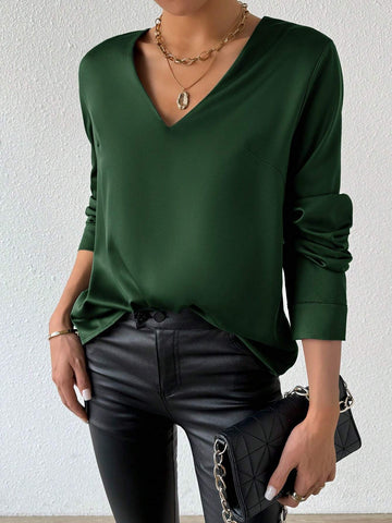 Essnce Women's Solid Color V-Neck Long Sleeve Elegant Shirt, Spring/Summer