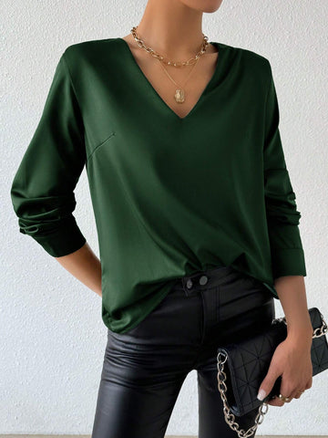Essnce Women's Solid Color V-Neck Long Sleeve Elegant Shirt, Spring/Summer