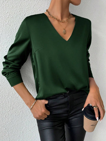 Essnce Women's Solid Color V-Neck Long Sleeve Elegant Shirt, Spring/Summer