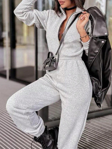 Women's Solid Color Zip-Up Front Long Sleeve Casual Loose Jumpsuit