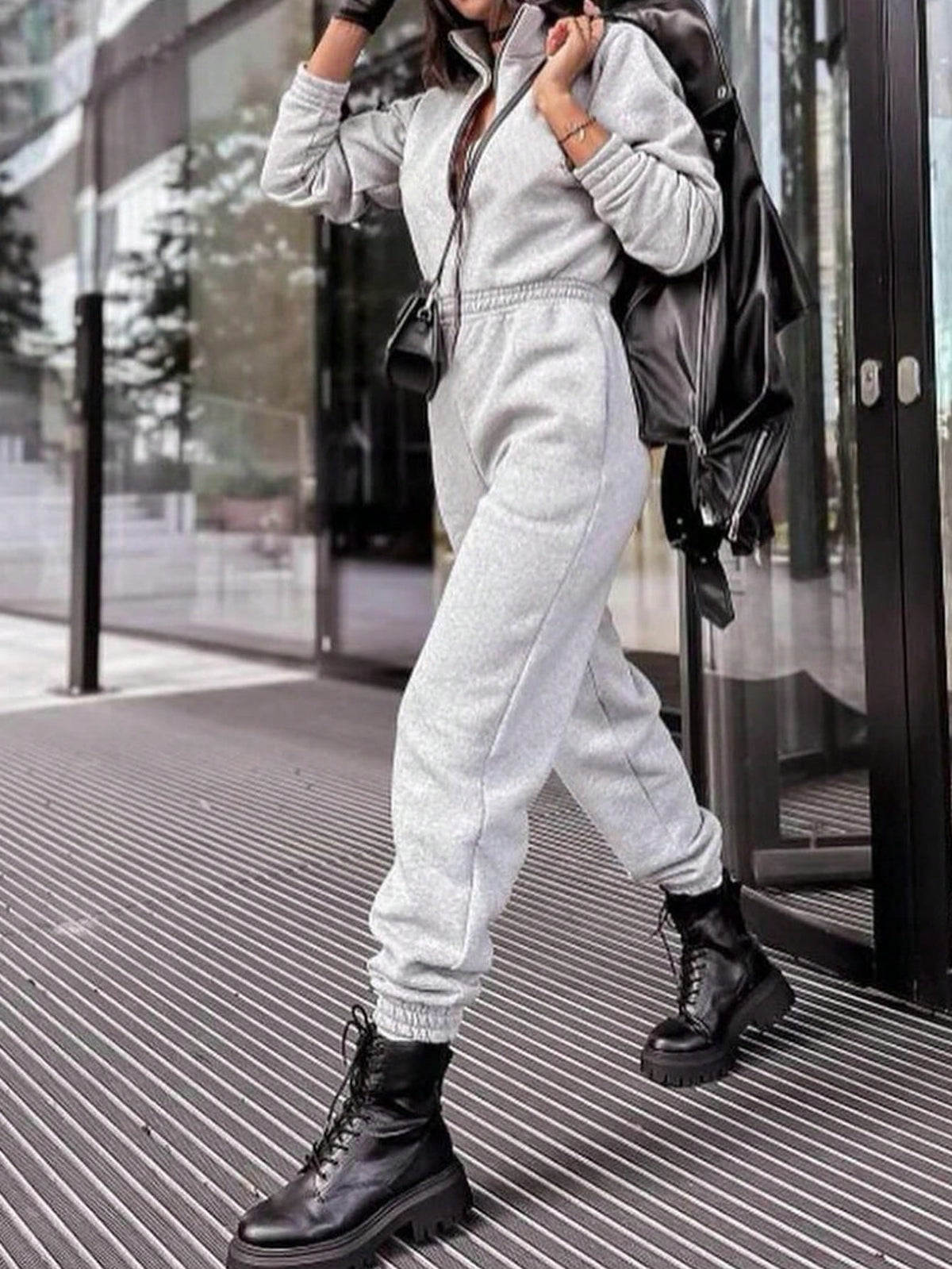 Women's Solid Color Zip-Up Front Long Sleeve Casual Loose Jumpsuit