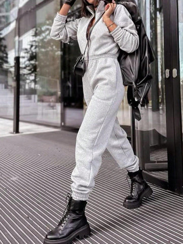 Women's Solid Color Zip-Up Front Long Sleeve Casual Loose Jumpsuit