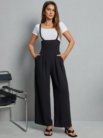 Women's Solid Colored Overalls Wide-Legged Jumpsuit