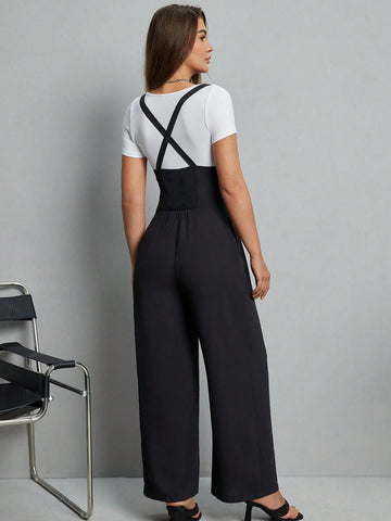 Women's Solid Colored Overalls Wide-Legged Jumpsuit