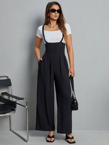 Women's Solid Colored Overalls Wide-Legged Jumpsuit