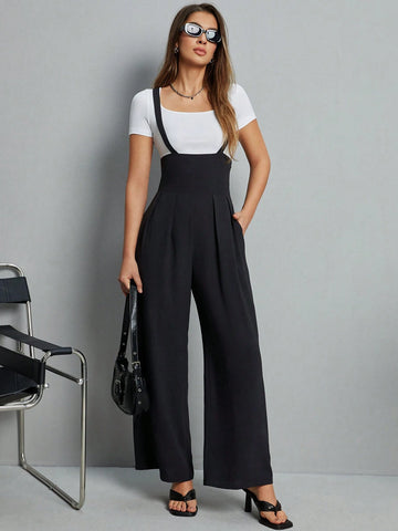 Women's Solid Colored Overalls Wide-Legged Jumpsuit