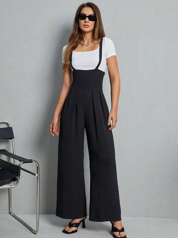 Women's Solid Colored Overalls Wide-Legged Jumpsuit