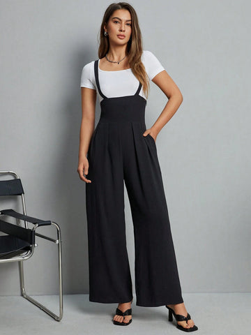 Women's Solid Colored Overalls Wide-Legged Jumpsuit