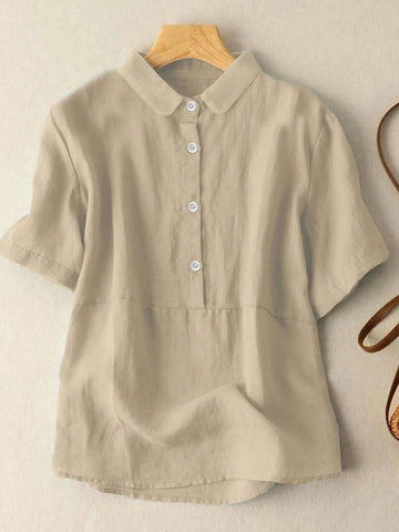 Essnce Women's Solid Front Button Short Sleeve Blouse, Summer