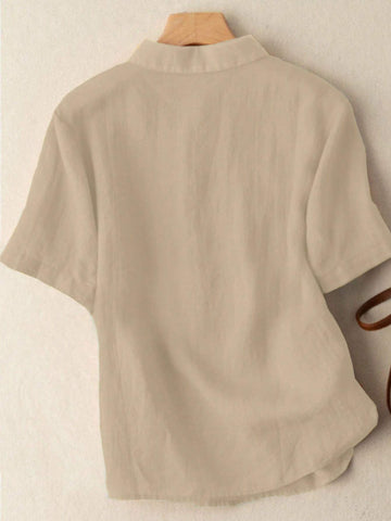 Essnce Women's Solid Front Button Short Sleeve Blouse, Summer