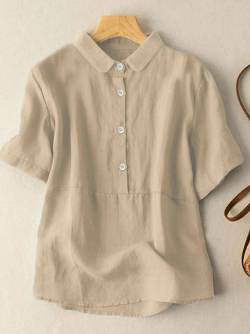 Essnce Women's Solid Front Button Short Sleeve Blouse, Summer