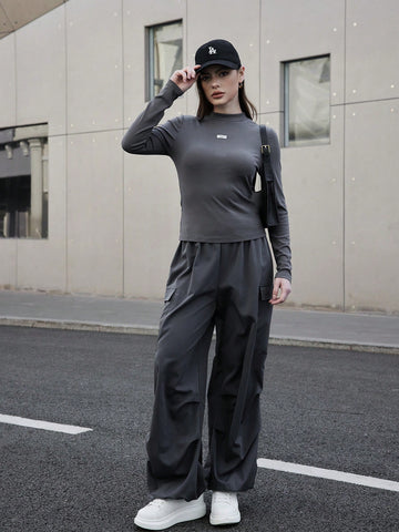 Women's Sporty Knitted Solid Color Stand Collar Long Sleeve Top And Wide Leg Pants Casual Two Piece Set