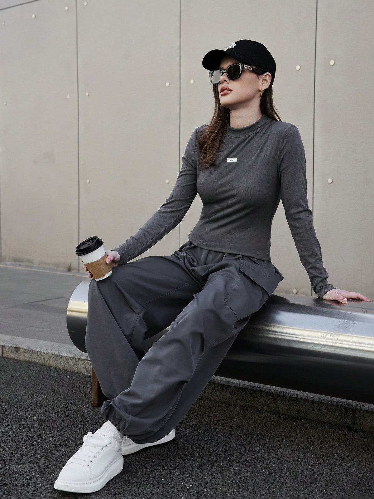 Women's Sporty Knitted Solid Color Stand Collar Long Sleeve Top And Wide Leg Pants Casual Two Piece Set