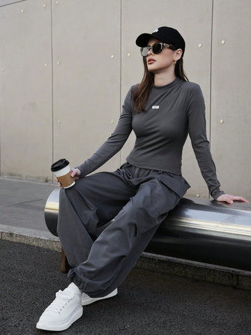 Women's Sporty Knitted Solid Color Stand Collar Long Sleeve Top And Wide Leg Pants Casual Two Piece Set