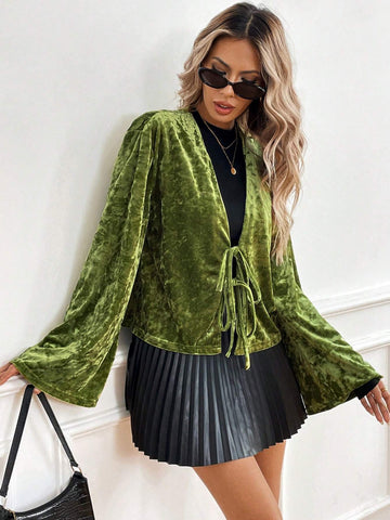 Essnce Women's Spring/Autumn Solid Color Tie Front Bell Sleeve Loose Blouse,Velvet ,Fall Shirts,Fall Clothes,Women Outfits,Fall Blouses,Bow