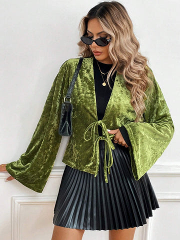 Essnce Women's Spring/Autumn Solid Color Tie Front Bell Sleeve Loose Blouse,Velvet ,Fall Shirts,Fall Clothes,Women Outfits,Fall Blouses,Bow