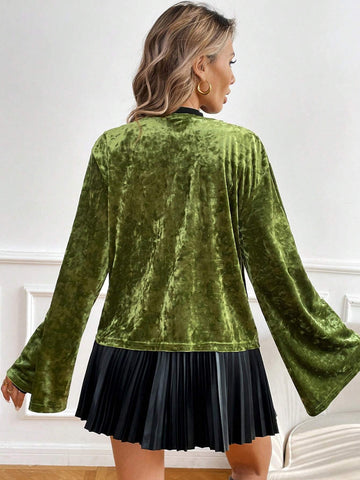 Essnce Women's Spring/Autumn Solid Color Tie Front Bell Sleeve Loose Blouse,Velvet ,Fall Shirts,Fall Clothes,Women Outfits,Fall Blouses,Bow