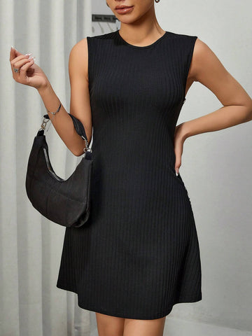 Women's Spring/Summer Black Short Knit A-Line Dress With Side Letter Tape