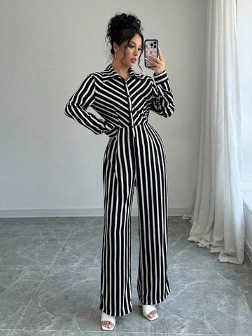 Women's Spring Autumn Long Sleeve Casual Striped Jumpsuit