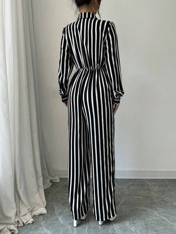 Women's Spring Autumn Long Sleeve Casual Striped Jumpsuit