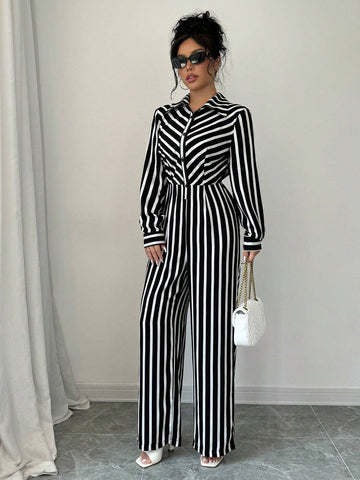 Women's Spring Autumn Long Sleeve Casual Striped Jumpsuit