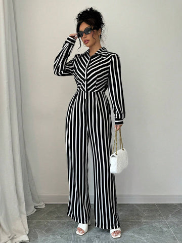 Women's Spring Autumn Long Sleeve Casual Striped Jumpsuit