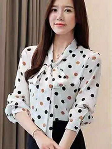 Essnce Women's Spring Summer Tie Neck Long Sleeve Polka Dot Print Casual Blouse