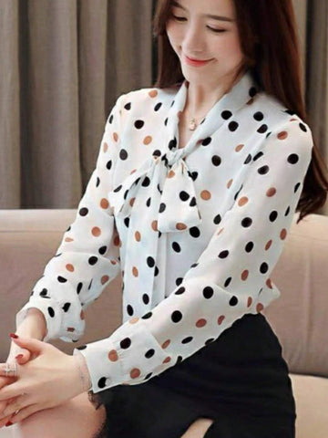 Essnce Women's Spring Summer Tie Neck Long Sleeve Polka Dot Print Casual Blouse