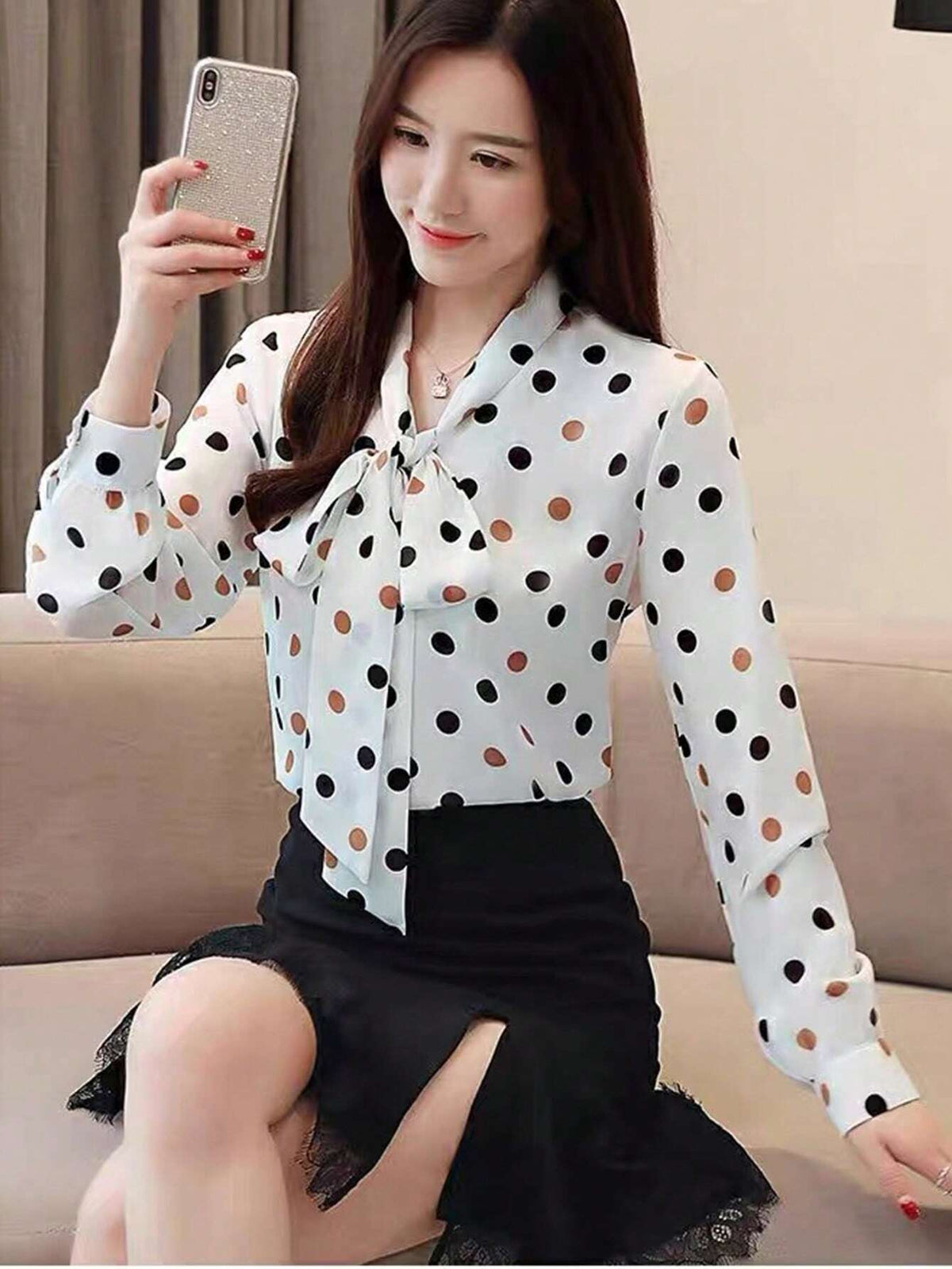 Essnce Women's Spring Summer Tie Neck Long Sleeve Polka Dot Print Casual Blouse