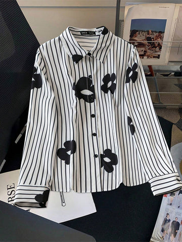 Essnce Women's Spring & Autumn Casual Striped & Floral Print Blouse
