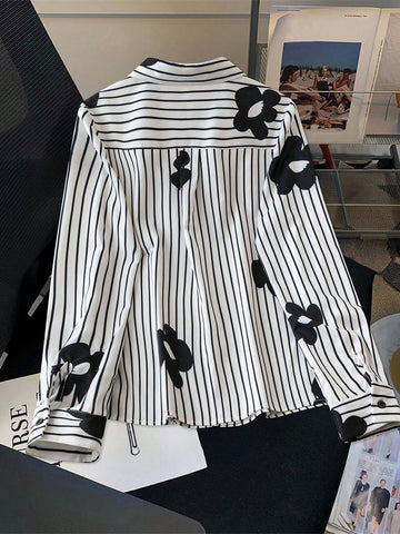 Essnce Women's Spring & Autumn Casual Striped & Floral Print Blouse