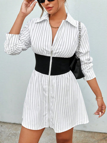 Women's Striped And Floral Zipper Dress