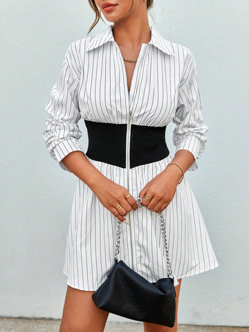 Women's Striped And Floral Zipper Dress